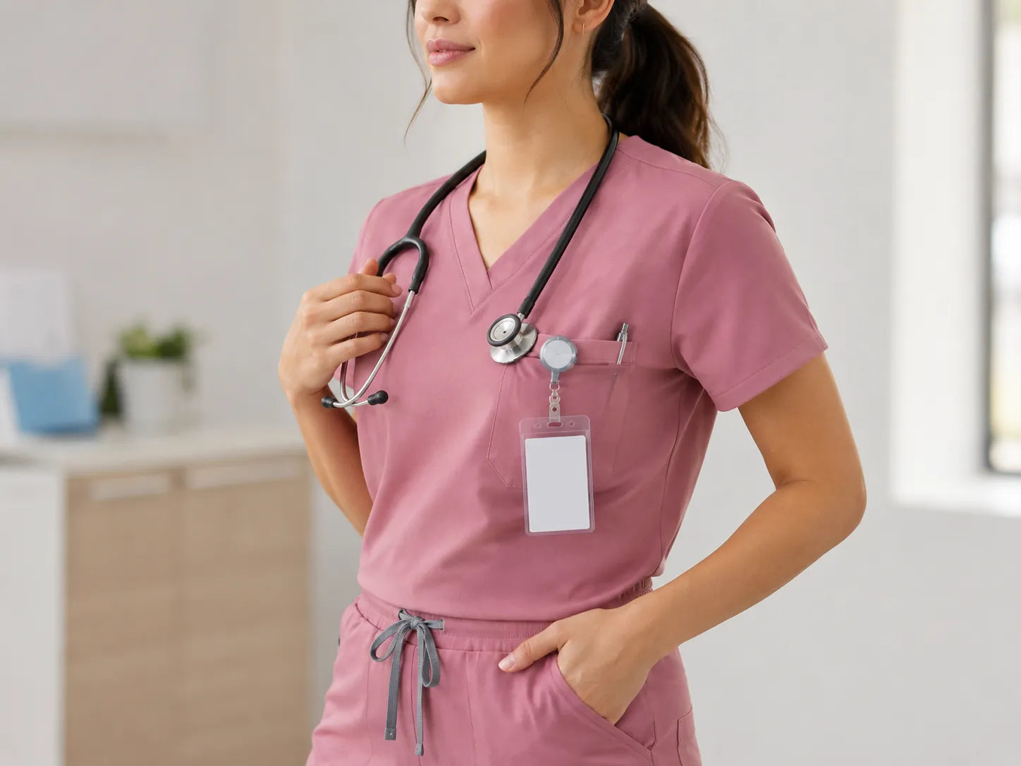 Nurse wearing premium scrub set with practical pockets and clinical essentials