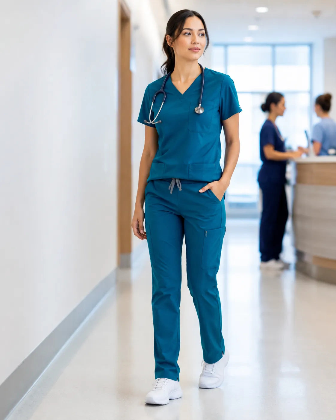 Nurse wearing Blue Teal women scrub set in a clinical setting