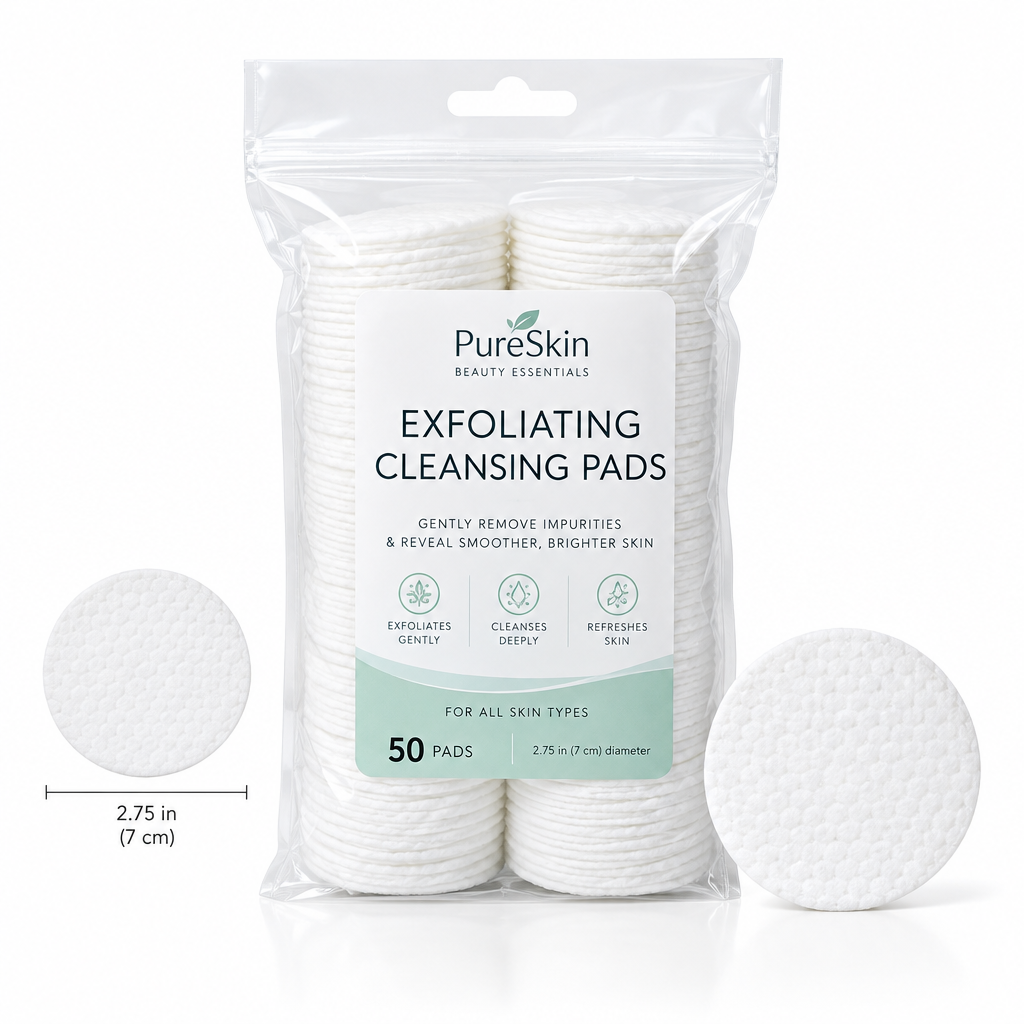Full sealed package of 50 GeVi Beauty Exfoliating Cleansing Pads shown on white background with size reference
